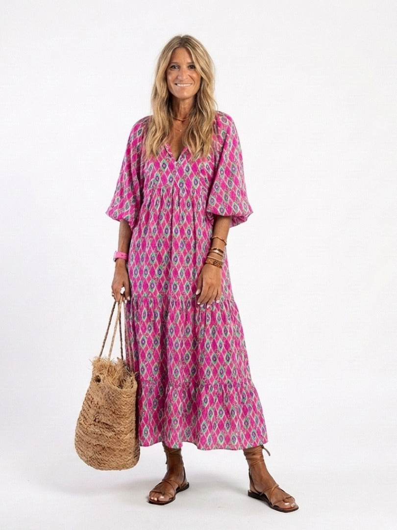The Apolline Three Quarter Sleeve Patterned Midi Dress