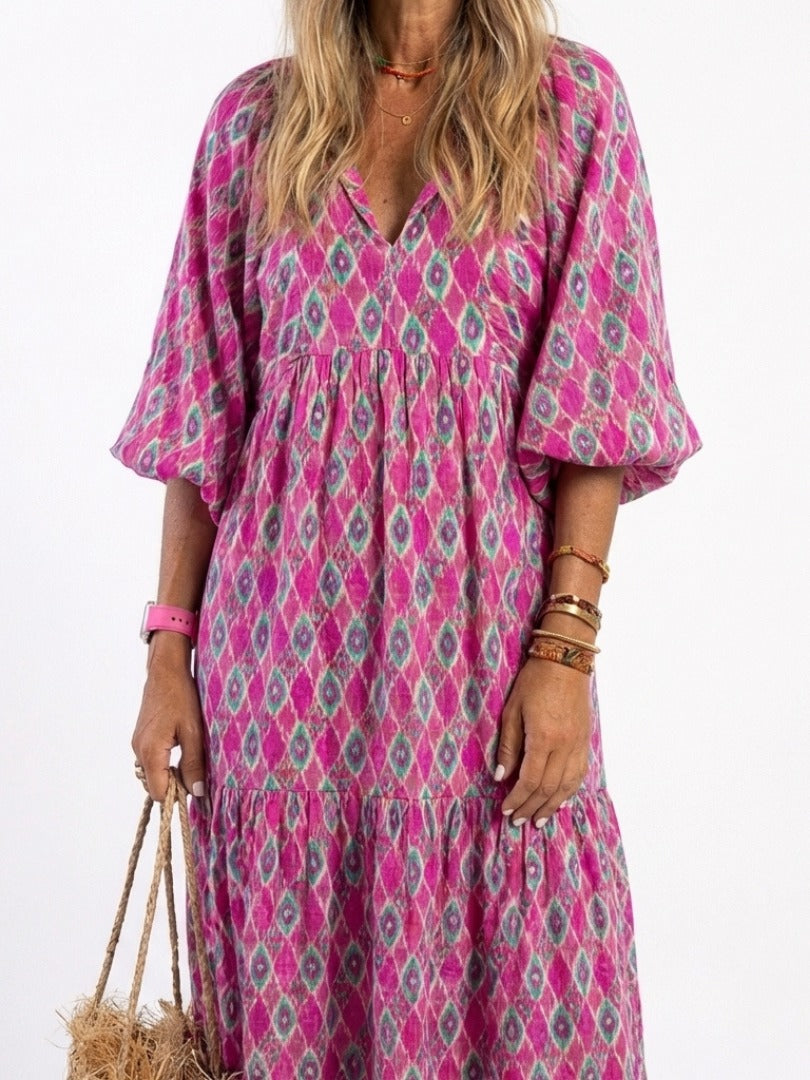 The Apolline Three Quarter Sleeve Patterned Midi Dress