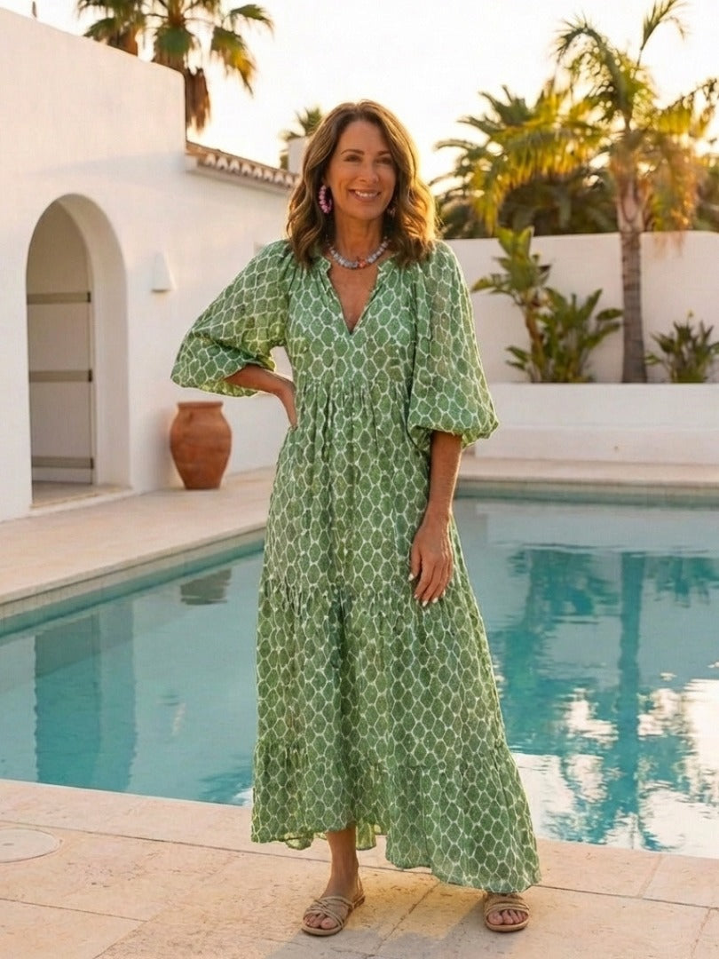 The Apolline Three Quarter Sleeve Patterned Midi Dress