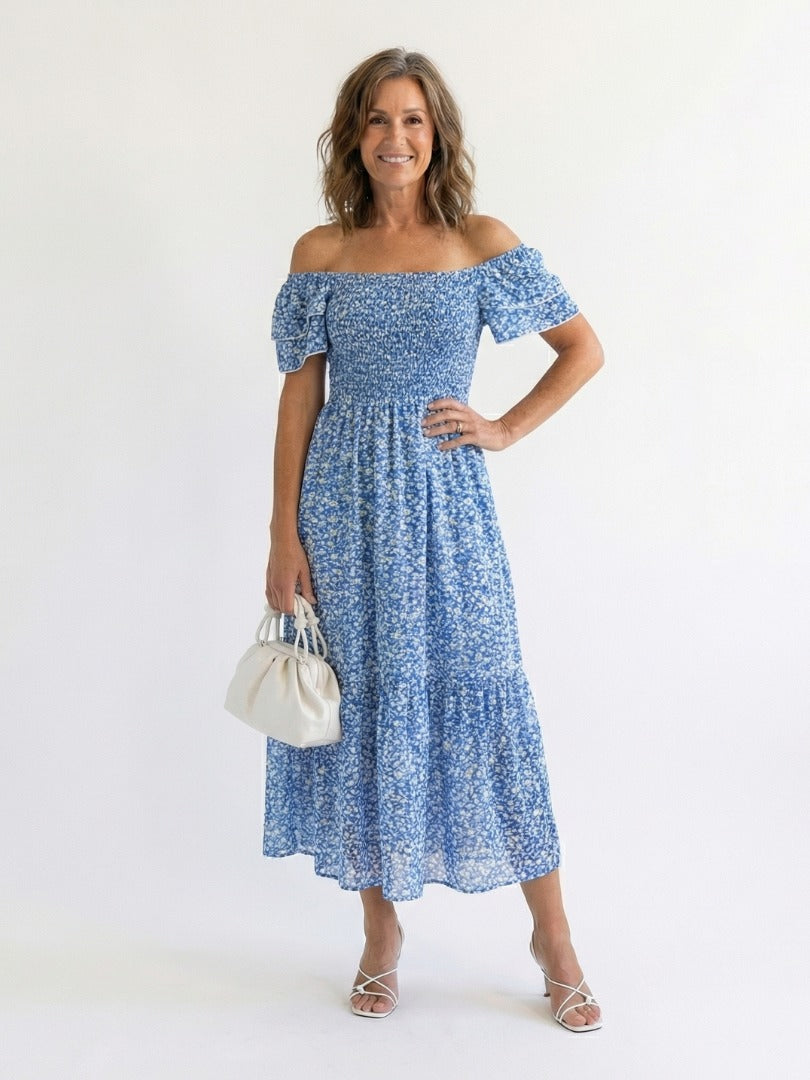 The Odette Off-Shoulder Smocked Midi Dress