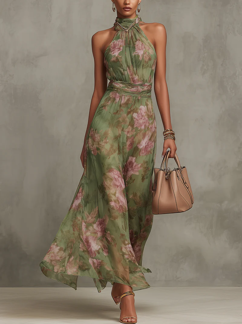 Maree | Floral Chiffon Halter Maxi Dress
