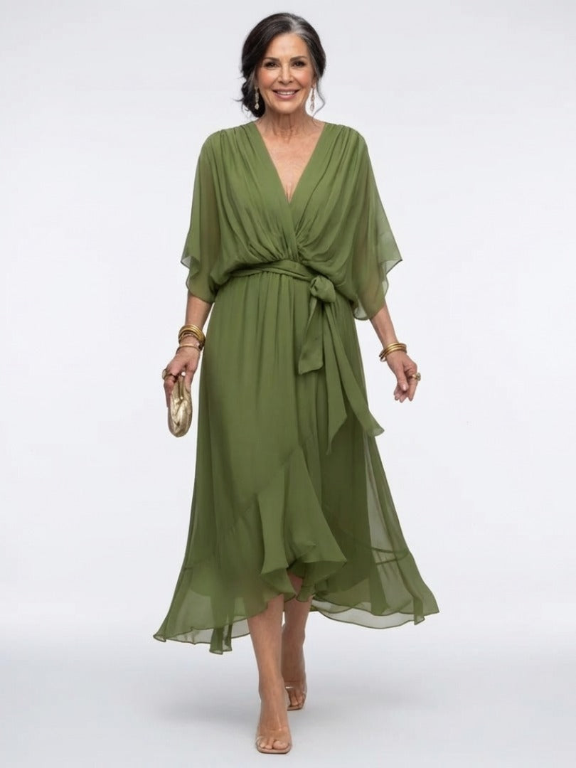 The Elysia Draped Waist-Tie Midi Dress