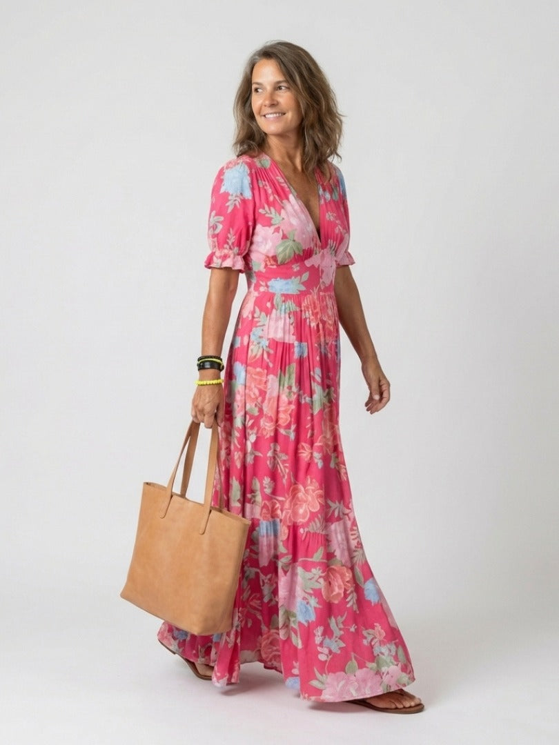 The Ione Short Sleeve V-Neck Floral Maxi Dress