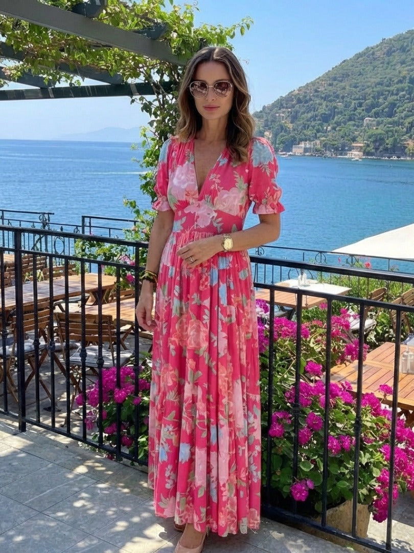 The Ione Short Sleeve V-Neck Floral Maxi Dress