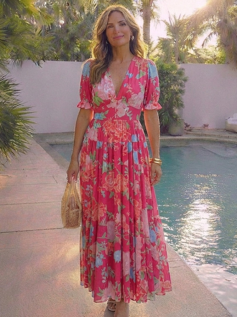 The Ione Short Sleeve V-Neck Floral Maxi Dress